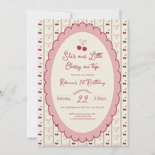Preppy Cherry op de top 1e verjaardag uitnodiging (Voorkant)