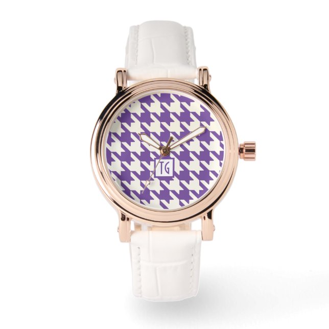 Preppy Chic Houndstooth Paarse monogram Horloge (Voorkant)