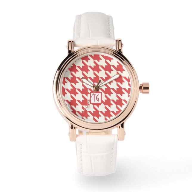 Preppy Chic Houndstooth Watermeloen Monogram Horloge (Voorkant)