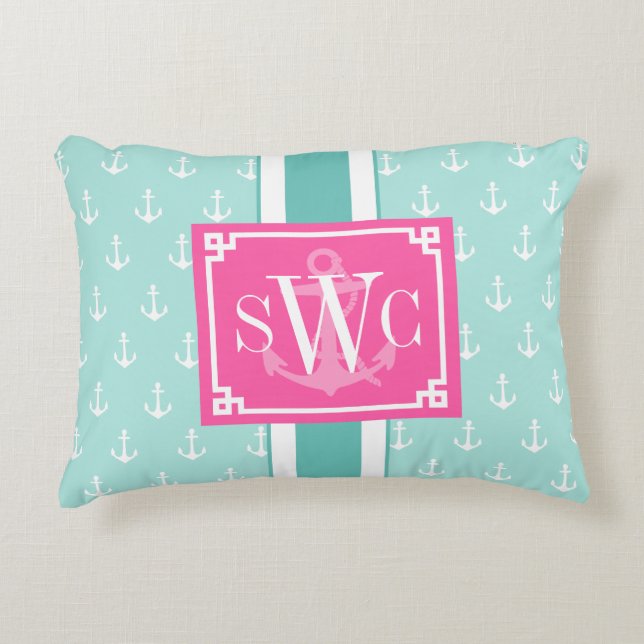 Preppy Chic Nautical Anchors Personalized Monogram Accent Kussen (Voorkant)