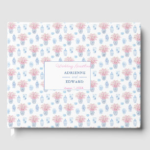 Preppy Chinese Jars Navy Blauw en Roze Bruiloft Gastenboek