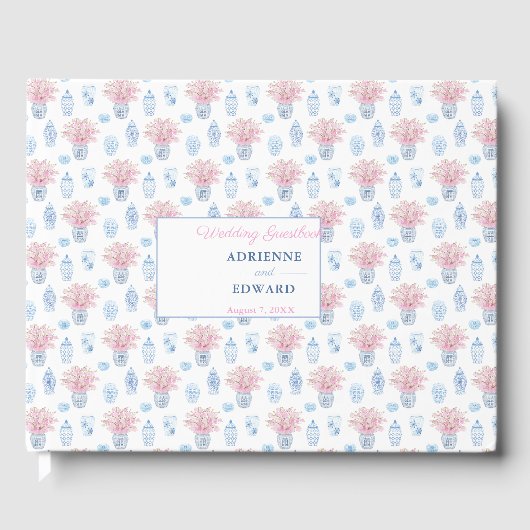 Preppy Chinese Jars Navy Blauw en Roze Bruiloft Gastenboek (Voorkant)