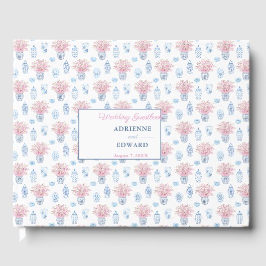 Preppy Chinese Jars Navy Blauw en Roze Bruiloft Gu Gastenboek (Voorkant)