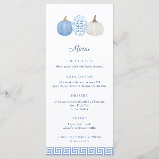 Preppy Chinoiserie Blue Pumpkin Baby shower Menu (Voorkant)