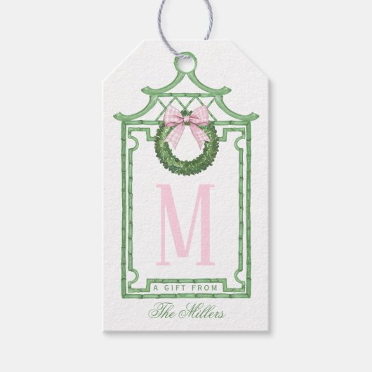 Preppy Chinoiserie Christmas Pagoda Monogram Cadeaulabel (Voorkant)