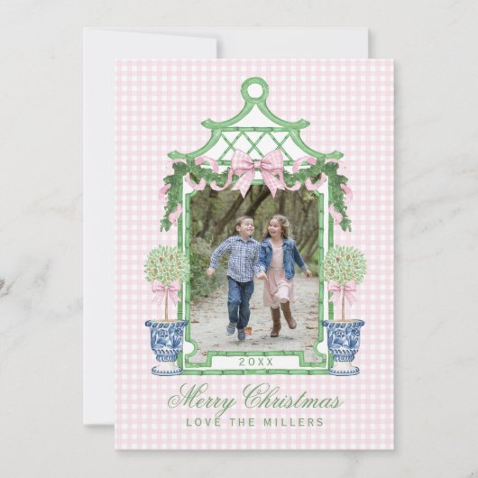 Preppy Chinoiserie Christmas Pagoda Monogram Feestdagenkaart (Voorkant)