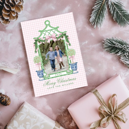 Preppy Chinoiserie Christmas Pagoda Monogram Feestdagenkaart
