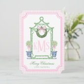 Preppy Chinoiserie Christmas Pagoda Monogram Foto Kaart (Staand voorkant)