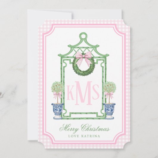 Preppy Chinoiserie Christmas Pagoda Monogram Foto Kaart (Voorkant)