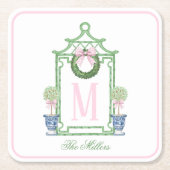 Preppy Chinoiserie Christmas Pagoda Monogram Kartonnen Onderzetters (Voorkant)