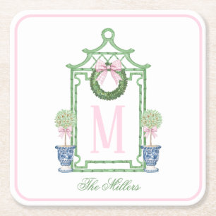 Preppy Chinoiserie Christmas Pagoda Monogram Kartonnen Onderzetters