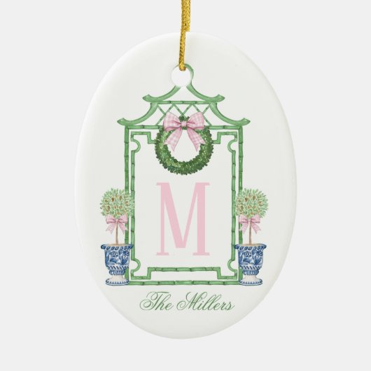 Preppy Chinoiserie Christmas Pagoda Monogram Keramisch Ornament (Voorkant)