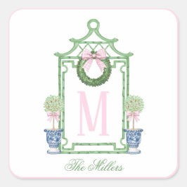 Preppy Chinoiserie Christmas Pagoda Monogram Vierkante Sticker
