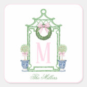 Preppy Chinoiserie Christmas Pagoda Monogram Vierkante Sticker (Voorkant)