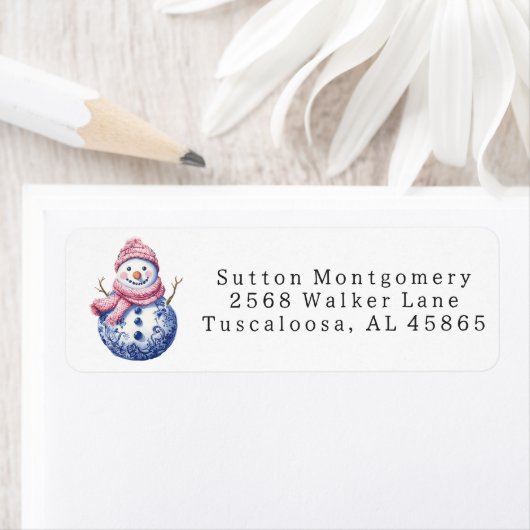 Preppy Chinoiserie Christmas Snowman Adres Etiket (Insitu)