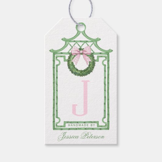 Preppy Chinoiserie Kerst Pagode Monogram Cadeaulabel (Voorkant)