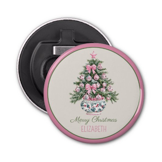 Preppy Chinoiserie kerstboom gepersonaliseerd Button Flesopener (Voorkant)