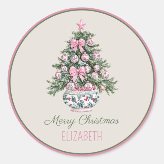 Preppy Chinoiserie kerstboom gepersonaliseerd Ronde Sticker (Voorkant)