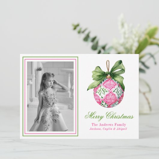 Preppy Christmas Baubles Ornamenten Fotovakantie Feestdagenkaart (Staand voorkant)