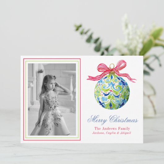 Preppy Christmas Baubles Ornamenten Fotovakantie Feestdagenkaart (Staand voorkant)