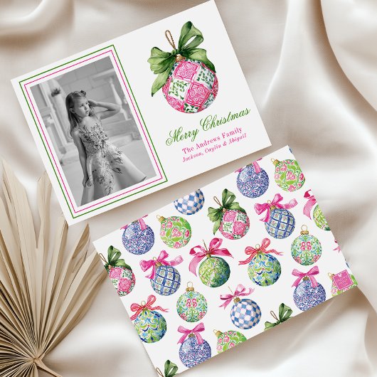 Preppy Christmas Baubles Ornamenten Fotovakantie Feestdagenkaart