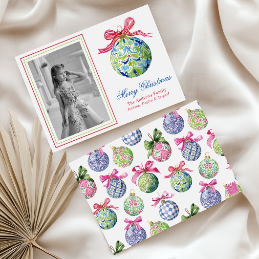 Preppy Christmas Baubles Ornamenten Fotovakantie Feestdagenkaart