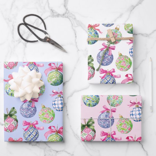 Preppy Christmas Baubles Ornamenten Inpakpapier Vel (Voorkant)