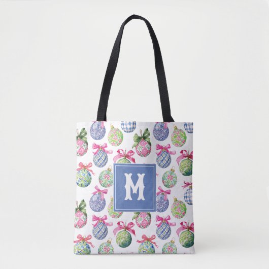 Preppy Christmas Baubles Ornamenten Monogram Tote Bag (Voorkant)