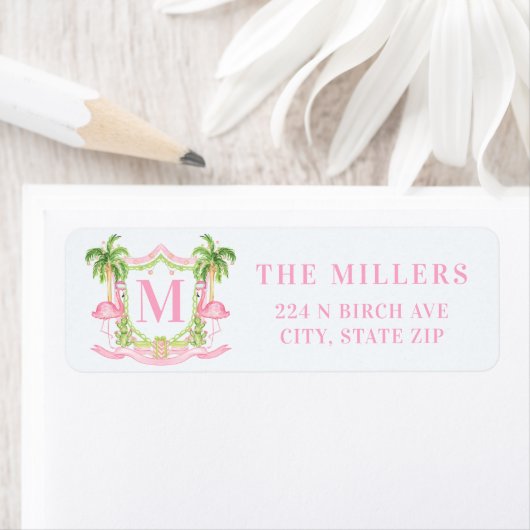 Preppy Christmas Flamingo Crest Monogram Etiket (Insitu)