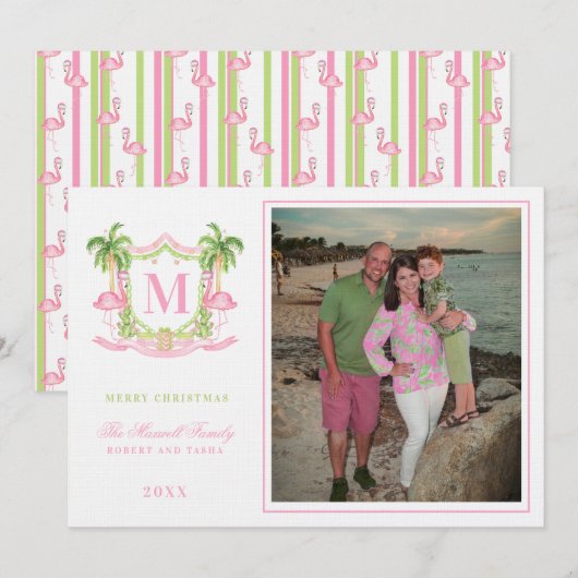 Preppy Christmas Flamingo Crest Monogram Kaart (Voorkant / Achterkant)