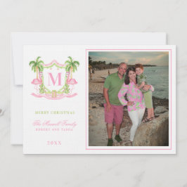 Preppy Christmas Flamingo Crest Monogram Kaart