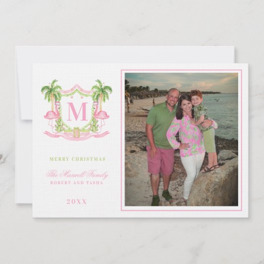 Preppy Christmas Flamingo Crest Monogram Kaart (Voorkant)