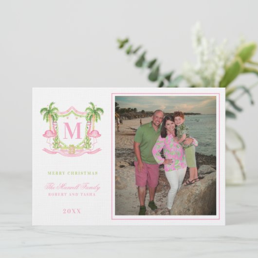 Preppy Christmas Flamingo Crest Monogram Kaart (Staand voorkant)