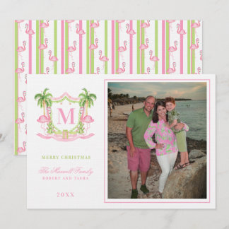 Preppy Christmas Flamingo Crest Monogram Kaart