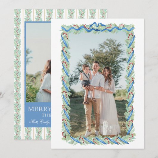 Preppy Christmas Garland Nutcracker Candy 2 Photos Feestdagenkaart (Voorkant / Achterkant)