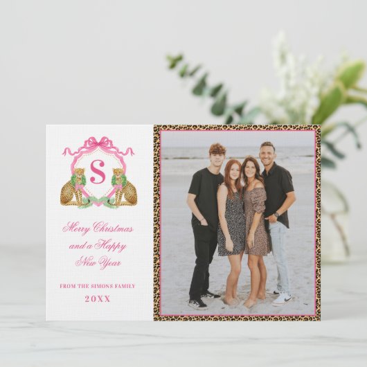 Preppy Christmas Leopard Monogram Photo In Kaart (Staand voorkant)