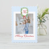 Preppy Christmas Monogram Krans Feestdagenkaart (Staand voorkant)