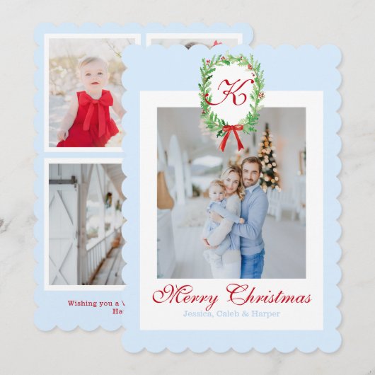 Preppy Christmas Monogram Krans Feestdagenkaart (Voorkant / Achterkant)