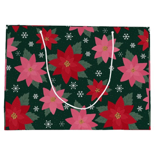 Preppy Christmas Poinsettias & Snowflake Gift Bag Groot Cadeauzakje (Achterkant)