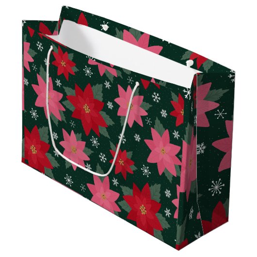 Preppy Christmas Poinsettias & Snowflake Gift Bag Groot Cadeauzakje (Voorkant Gekanteld)