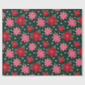 Preppy Christmas Poinsettias & Snowflakes on Green Cadeaupapier (Vlak)