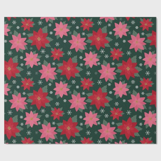 Preppy Christmas Poinsettias & Snowflakes on Green Cadeaupapier (Vlak)