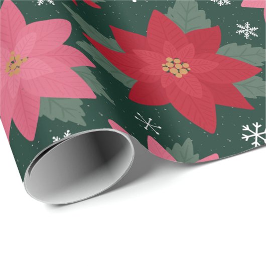 Preppy Christmas Poinsettias & Snowflakes on Green Cadeaupapier (Rol Hoek)
