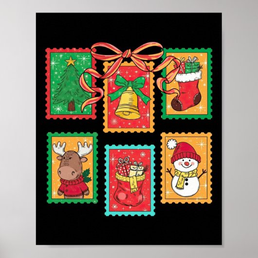 Preppy Christmas Stamps Coquette Bow Reindeer Xmas Poster (Voorkant)