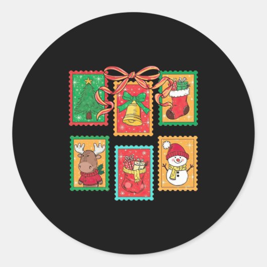 Preppy Christmas Stamps Coquette Bow Reindeer Xmas Ronde Sticker (Voorkant)