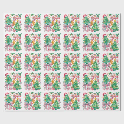 Preppy Christmas Tree Bow Pink Blue Coquette Cadeaupapier (Vlak)