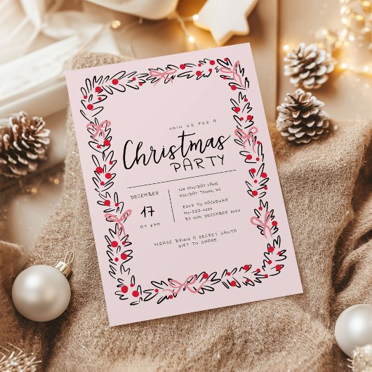 Preppy Christmas Wreath & Bow Party Invitation Kaart