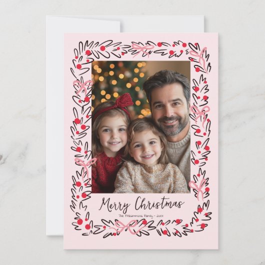 Preppy Christmas Wreath & Bows Photo Card Feestdagenkaart (Voorkant)
