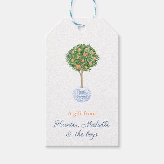 Preppy Citrus Sinaasappel Sky Blue Topiary Tree Ho Cadeaulabel (Voorkant)