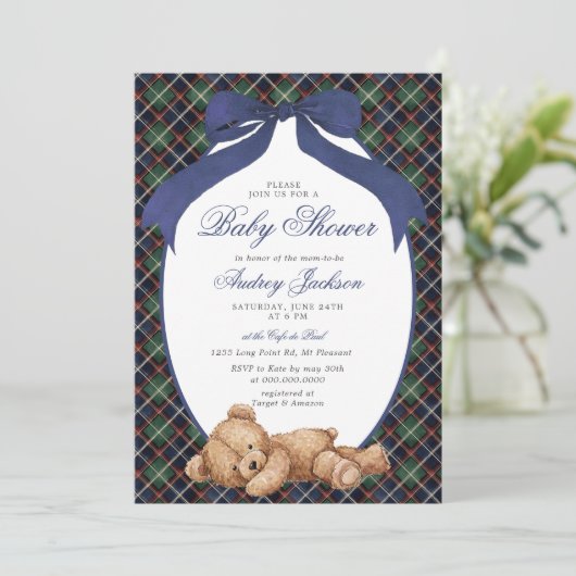 Preppy Classic Polo Bear Navy Plaid Baby Shower Kaart (Staand voorkant)